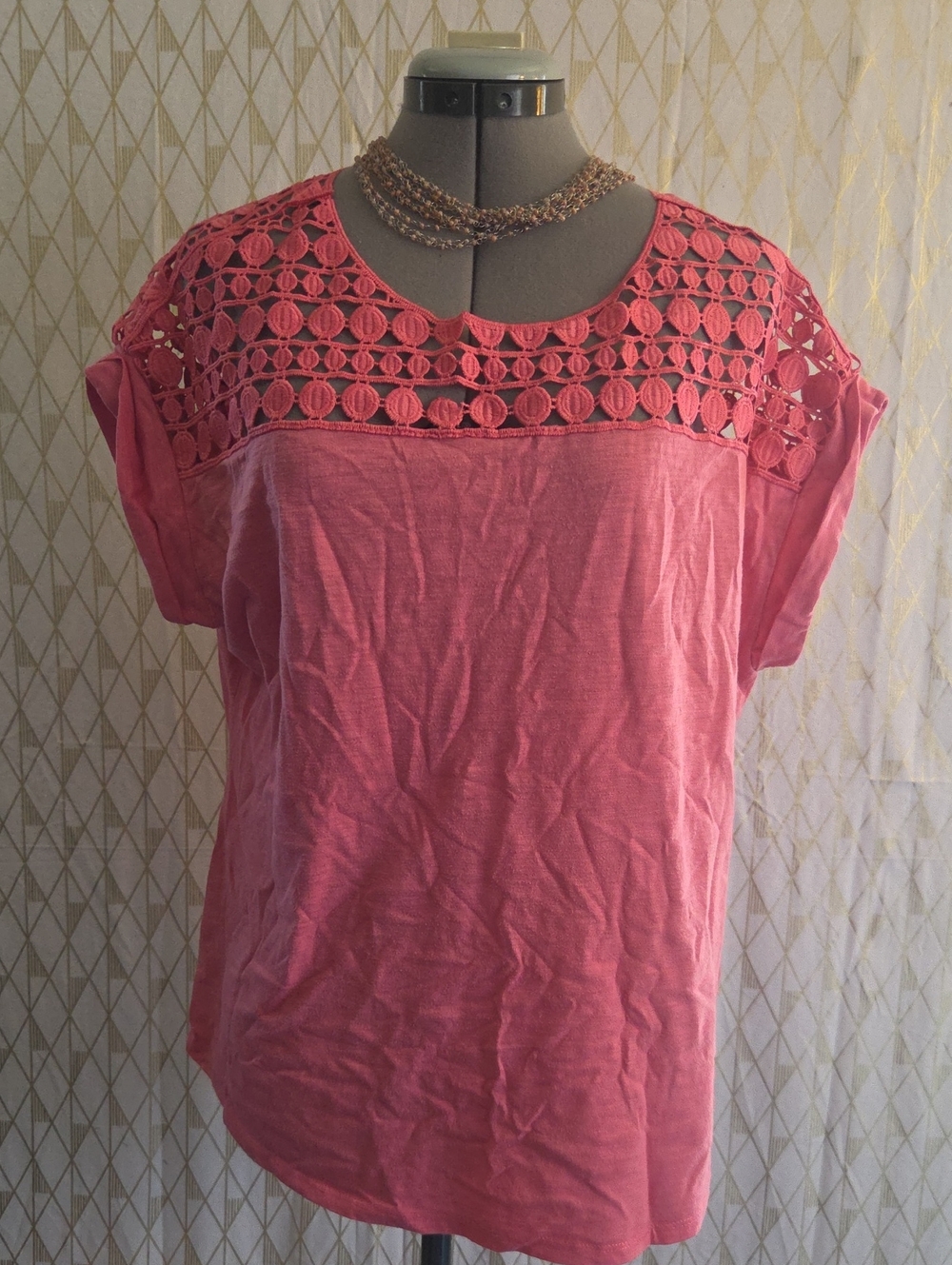 Hannah Coral Pink Crochet Yoke Short Sleeve Tee